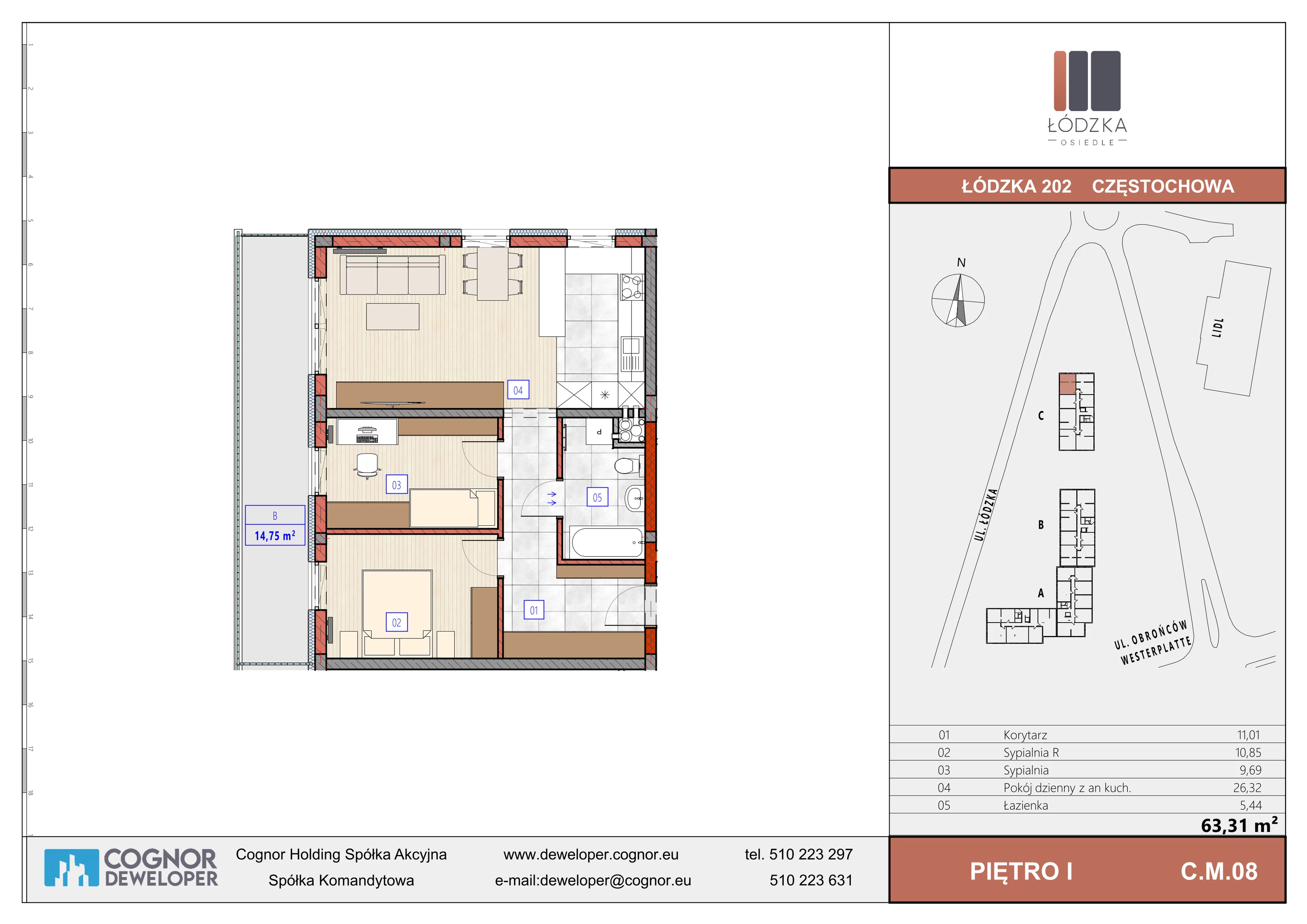 Mieszkanie 63,31 m², piętro 1, oferta nr C.M.08, Łódzka Osiedle, Częstochowa, Częstochówka-Parkitka, ul. Łódzka 198, 200, 202